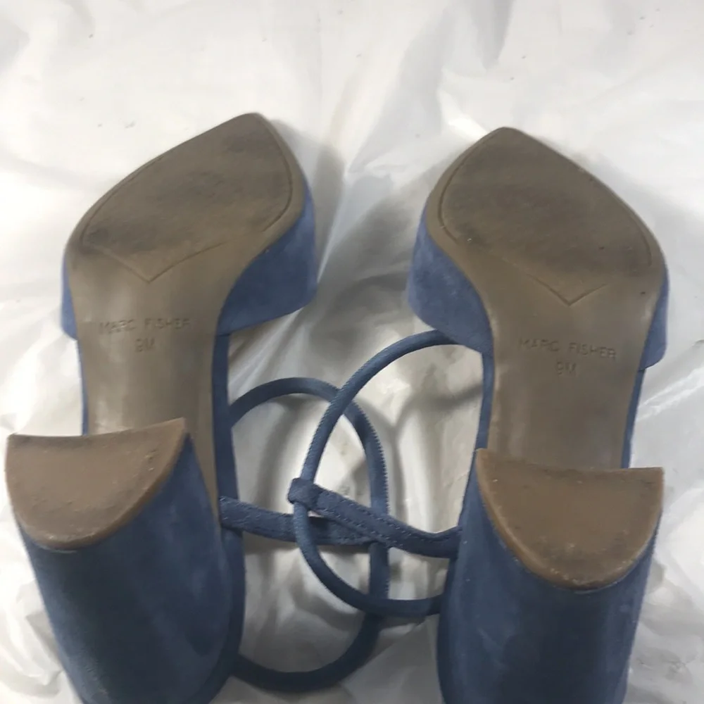 Marc Fisher LTD. Women’sMarlon Blue Suede Strappy  Pointy Toe Chunky Heels Shoes